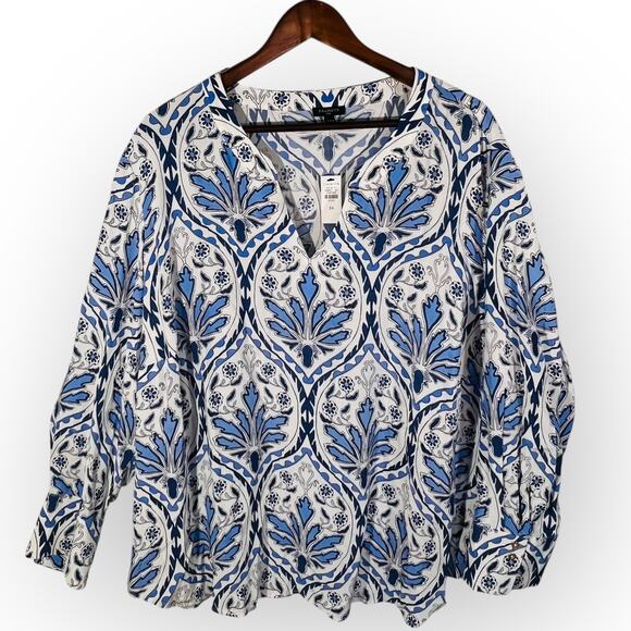 Talbots Blue White Print Popover Top V Neck Long Sleeve Size 3X NWT - Picture 2 of 10